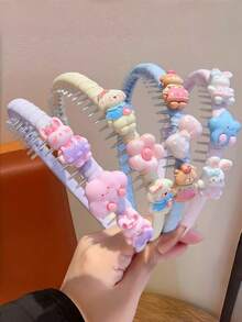 1pc Cute Cartoon Animal Teeth Headband Set, Macaron Color Wrapped Hair Tie With Bear, Rabbit, Cloud, Flower Decoration, Girls Face Washing Hair Accessory - Multicolor - View 1
