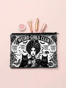 Weird Girls Club 復古哥德風黑貓與玫瑰印花化妝包，便攜拉鍊旅行化妝收納袋，適用於護膚品、珠寶和小配件 - 彩色 - 查看 2