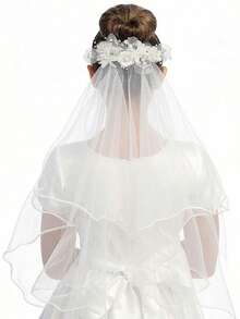 1pc Girls First Communion Veil - White Holy First Communion Headpiece With Comb, Decorated With Silk Flowers, Rhinestones And Pearls - White - View 3
