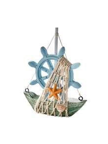 1件地中海復古木製帆船裝飾，結合鐵錨、舵手、海星和手工編織漁網元素，營造清新療癒的海濱居家氛圍 - A - 查看 11