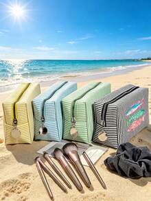 Seersucker Small Makeup Bag, Striped Embroidered Makeup Bag, Large Capacity Cosmetic Storage Bag, Travel Toiletry Bag, Perfect For Beach Trips, Swimming, Shopping And Daily Use, Suitable For Women, Travelers And Beach Lovers, Perfect For Spring Break, Easter, Mother's Day, Vacation And Gift Giving, Woven Material, Can Be Used As A Beach Bag, Shopping Bag And Travel Companion - Multicolor - View 3