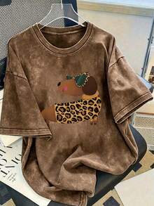 Tween Girl Printed Pullover Washed Short Sleeve T-Shirt, Student Youth Children's Clothing, Summer Top For Girls Ready To Play - Mocha Brown - View 1