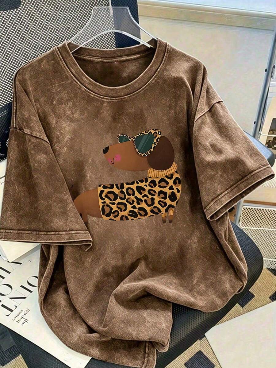 Tween Girl Printed Pullover Washed Short Sleeve T-Shirt, Student Youth Children's Clothing, Summer Top For Girls Ready To Play - Mocha Brown - View 1
