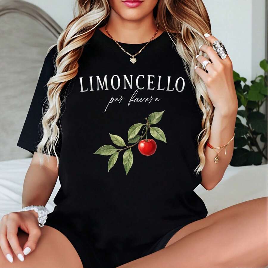 Women's Summer Tops: Casual Short Sleeve T-Shirt, Sweet Limoncello Print, Cherry Blossom Branch Print, Vibrant Comfortable Loungewear | Women's Casual T-Shirt - 黑色 - 查看 1