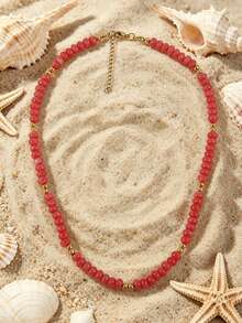 1pc European And American Bohemian Round Geometric Natural Stone Cracked Effect Beaded Short Necklace With Stainless Steel Accessories For Summer Beach Vacation - Stone Bead Stainless Steel Necklace - View 9