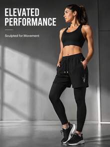 1pc Women's 2-In-1 Long Pants, Sports Outdoor Fitness Running, Workout, Running Training 2-In-1 Shorts Inner Long Pants Black - Black - View 7