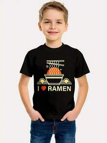 Me Encanta La Playera De Cuello Redondo Para Niño Con Estampado De Fideos Ramen, Ropa Casual Y Versátil Para El Verano Con Mangas Cortas - Negro - Ver 1