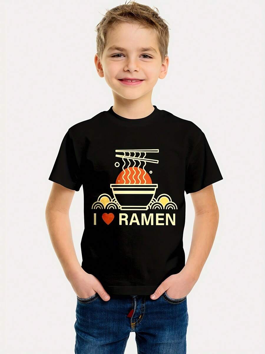 Me Encanta La Playera De Cuello Redondo Para Niño Con Estampado De Fideos Ramen, Ropa Casual Y Versátil Para El Verano Con Mangas Cortas - Negro - Ver 1