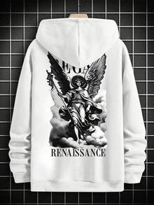 Plus Size Men's Vintage Casual Renaissance Angel Print Hoodie, Autumn/Winter - White - View 3