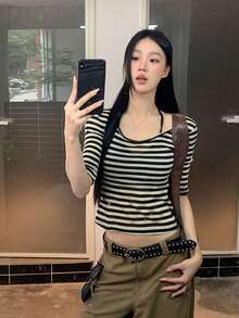對比色透視條紋修身中袖T恤，女款夏季百搭休閒內搭上衣 - 黑杏 - 查看 11