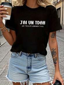 Women's Shirt With The Lettering: I'm French, I Have ADHD, I Absolutely Don't Listen To You, Short Sleeves, Round Neck, Casual Top For Summer And Spring, Clothing - Back - View 1