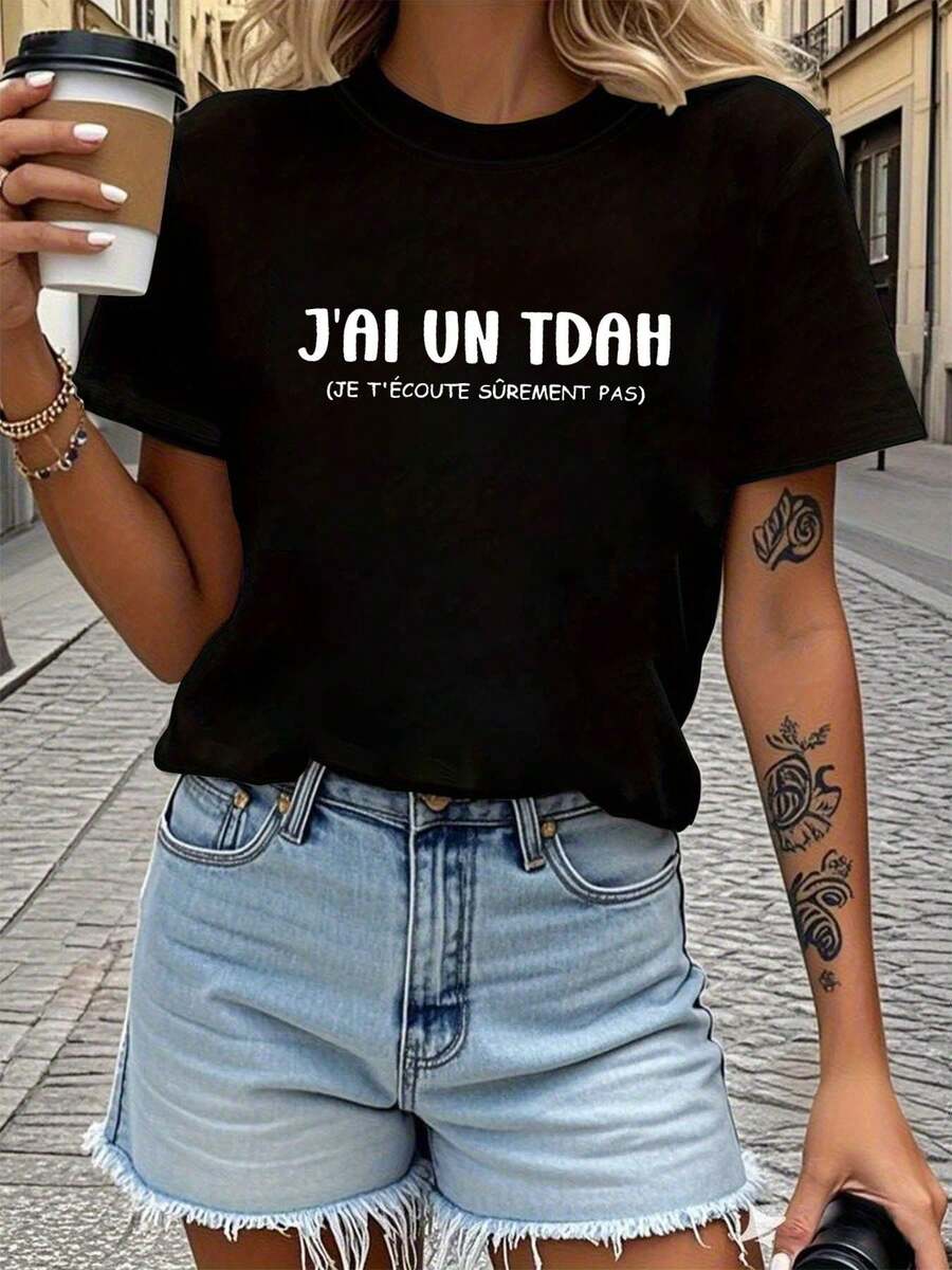 Women's Shirt With The Lettering: I'm French, I Have ADHD, I Absolutely Don't Listen To You, Short Sleeves, Round Neck, Casual Top For Summer And Spring, Clothing - Back - View 1