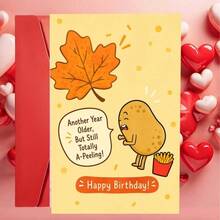 Tarjeta de felicitación de cumpleaños con juego de palabras humorístico sobre comida, ilustración de patata bailando con patatas fritas - 13x18cm - Ver 7