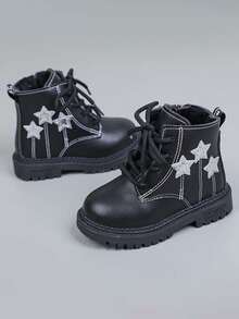 Girls' Star Pattern Thermal-Lined Boots, New Autumn/Winter British Style Soft Sole Anti-Slip Ankle Boots, Baby Toddler Warm Boots With Side Zipper Design For Easy On/Off, Versatile Wear-Resistant For Daily And Outdoor Use - Black - View 9