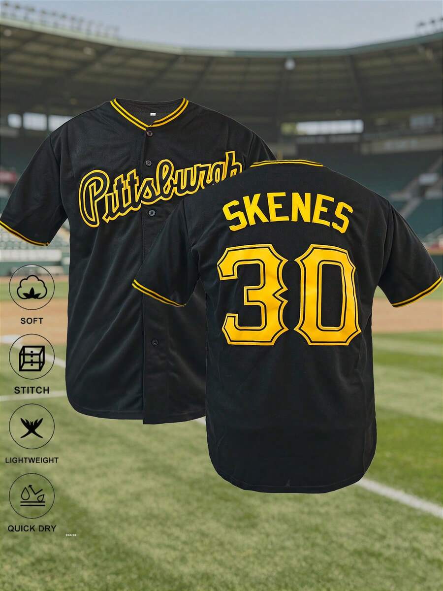 KTYSDE Men's #30 Black Baseball Jersey, Loose Fit V-Neck Short Sleeve Cardigan With Pittsburgh Embroidered Letters, Suitable For Casual Daily Wear, Streetwear, Baseball, Golf Training, Fan Gift, Unisex Spring Sports - Black - View 1