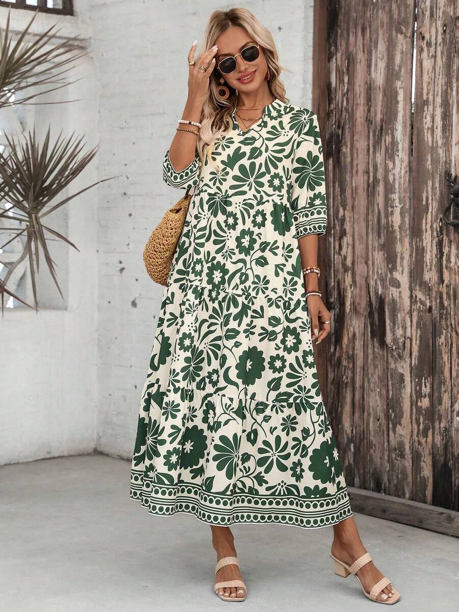 LUNE Vestido casual de mujer con cuello en V, largo medio, bajo con abertura y parches, para primavera/verano - Multicolor 3 - Ver 1