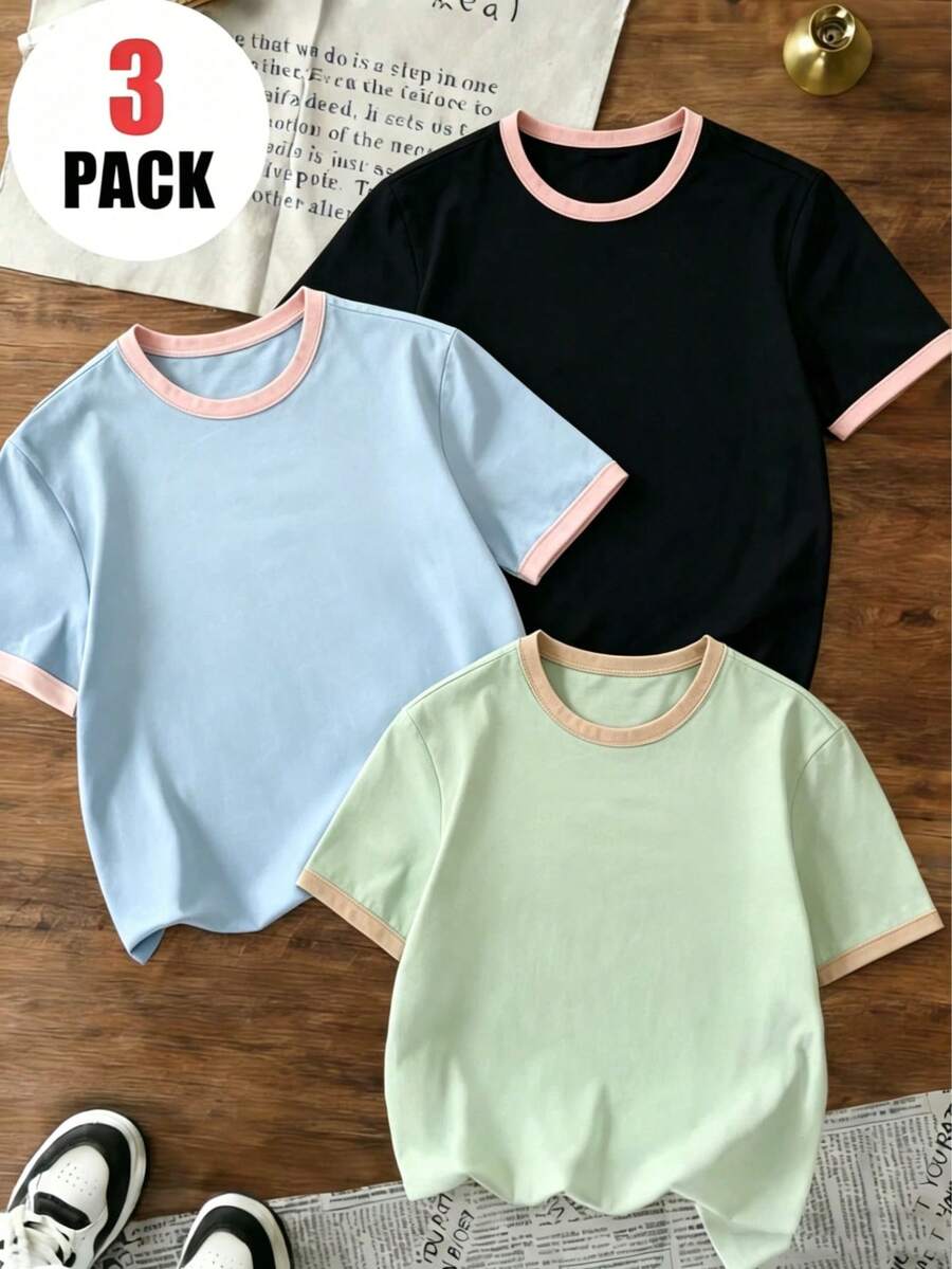 Camiseta de manga corta tipo pullover de 3 piezas con unicolor y patchwork de color de contraste para niña preadolescente, ropa infantil juvenil para estudiantes, top de verano, capa base de otoño/invierno, estilo casual de calle Ins para vacaciones, aeropuerto, desayuno, escuela y uso diario, versátil para combinar - Multicolor - Ver 1