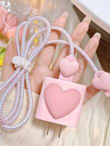 5pcs Cute Pink Heart Protective Covers, Compatible With IPhone 18W/20W Chargers, Prevent Breakage - Pink - View 5