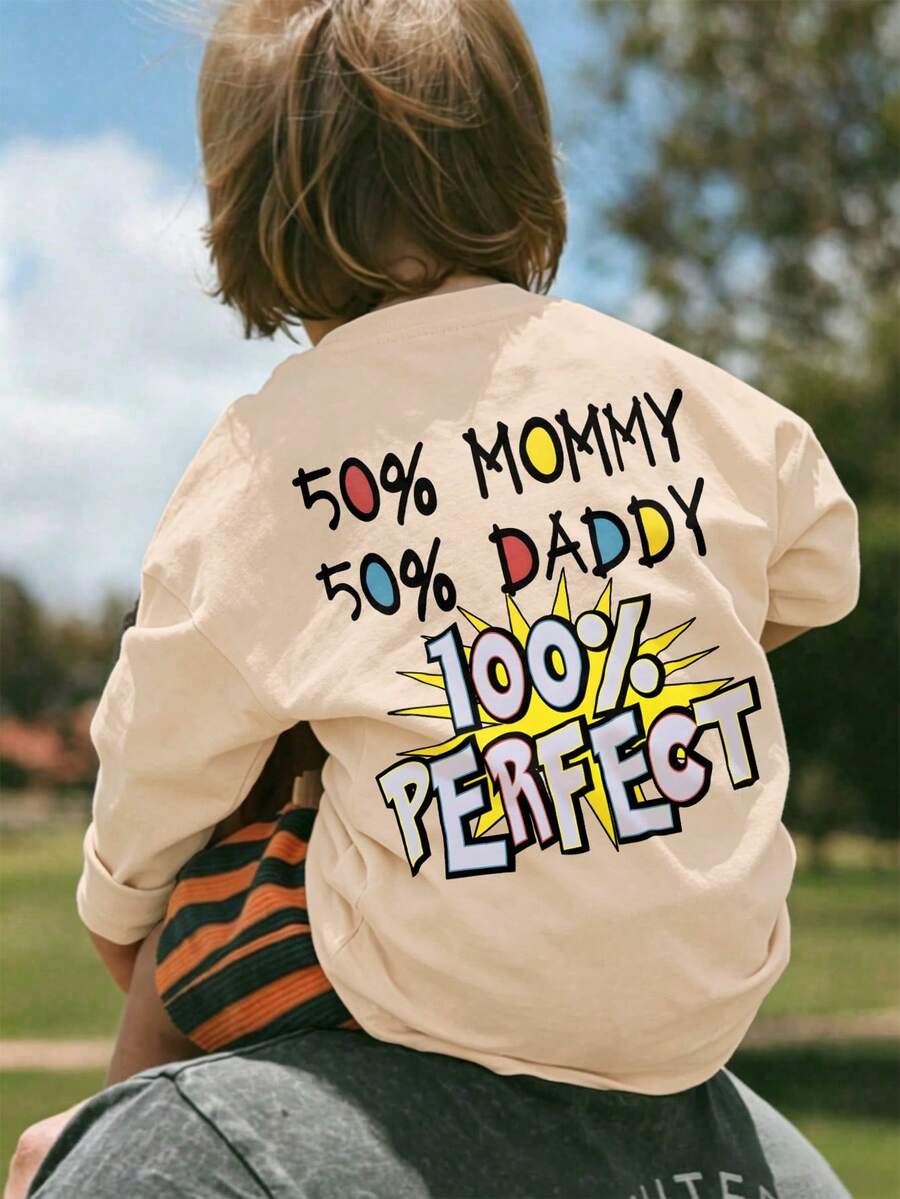 Infant Girls Long Sleeve T-Shirt, 100% Perfect Mom Dad Print, Soft Casual Playwear - Apricot - View 1