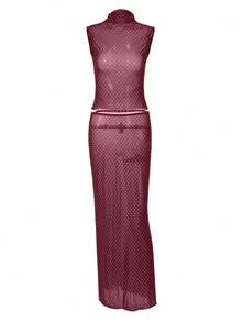 Women's Solid Color Polka Dot Camisole And Long Skirt 2 Pieces Set, Fitted Sexy Outfit For Birthday Party, Nightclub, Date, Casual Wear Summer Vacation Elegant - Burgundy - View 7