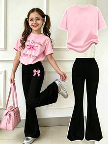 2pcs/Set: Girls Casual Bow Pattern Crew Neck Short Sleeve Top And Flared Pants Set, Suitable For Summer Wear, Back To School Season Autumn Clothing - Pink - View 3