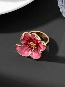 1件女款清新溫柔琺瑯粉色3D花蕊5瓣花朵戒指，適合日常佩戴、約會與度假 - 粉色 - 查看 3