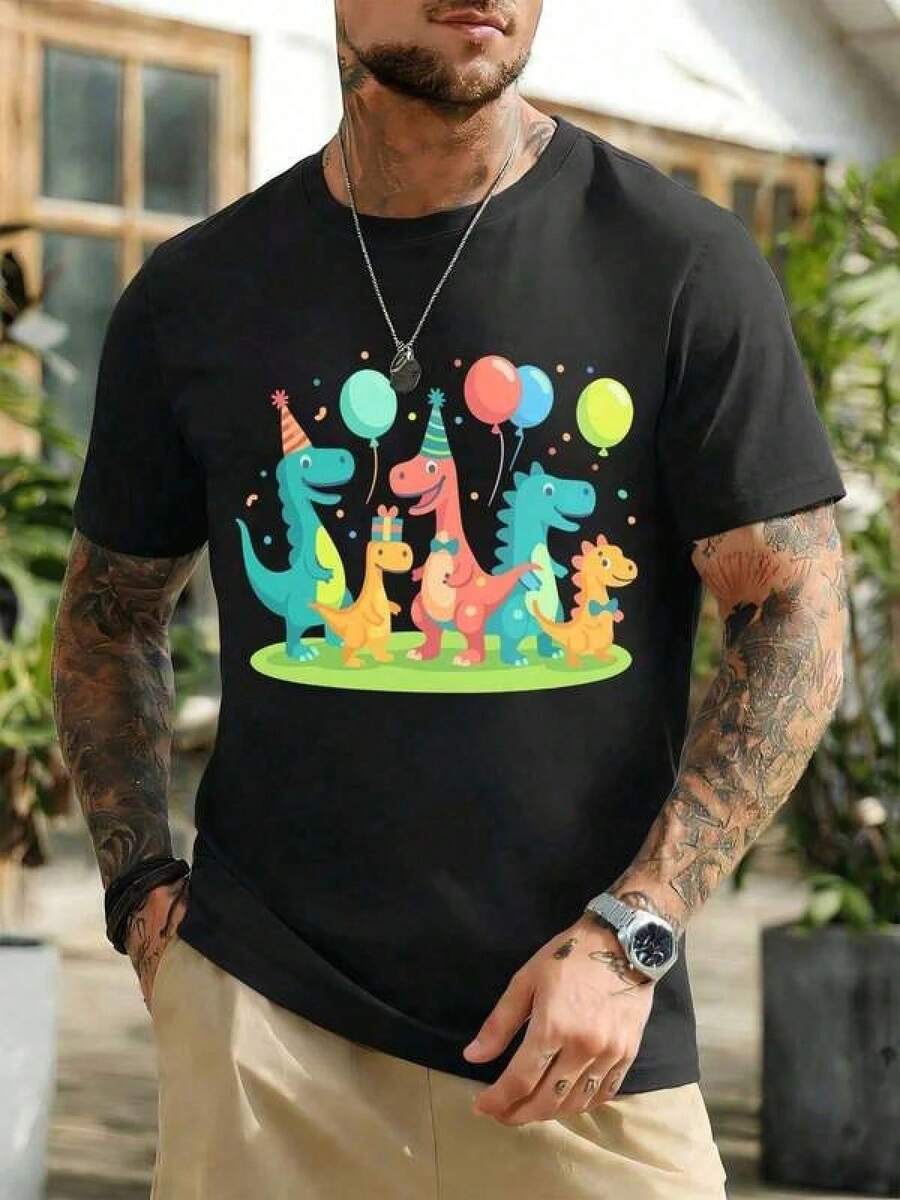 Mens Cartoon Dinosaur Party Tee 100% Cotton, Graphic Design, Street Hip-Hop, Breathable Conjunto De Hombre Sudaderas Para Hombre - Negro - Ver 1