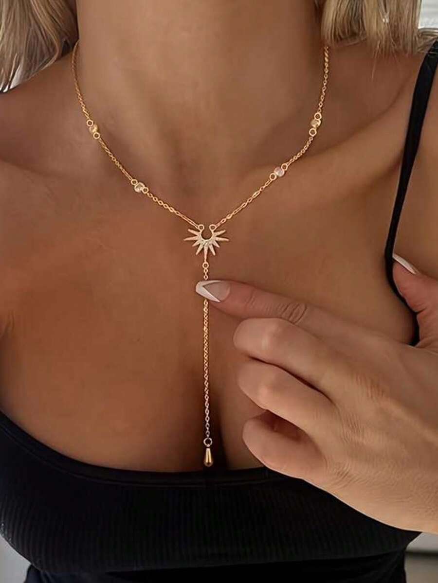 1pc Pendant Necklace Y-Shaped Silver Long Pendant Necklace Women's Jewelry Vacation Ocean Beach Style Neck Accessory, Holiday Gift - Silver - View 1