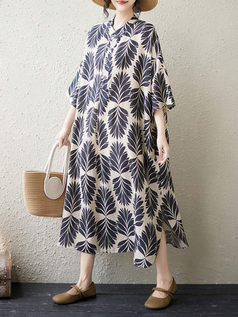 AZAH 萬聖節優雅舞會復古大尺碼女款葉子印花蝙蝠袖短袖休閒中長洋裝附口袋,夏季度假完美選擇 - 黑色 - 查看 1