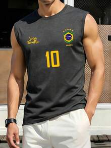 YUNTUO Men's American Street Style Brazilian Football Inspired Printed Breathable Casual Sleeveless Tank Top, Versatile Streetwear, Youthful Minimalist Campus Retro Textured Elegant Personalized Sports - Dark Grey - View 2