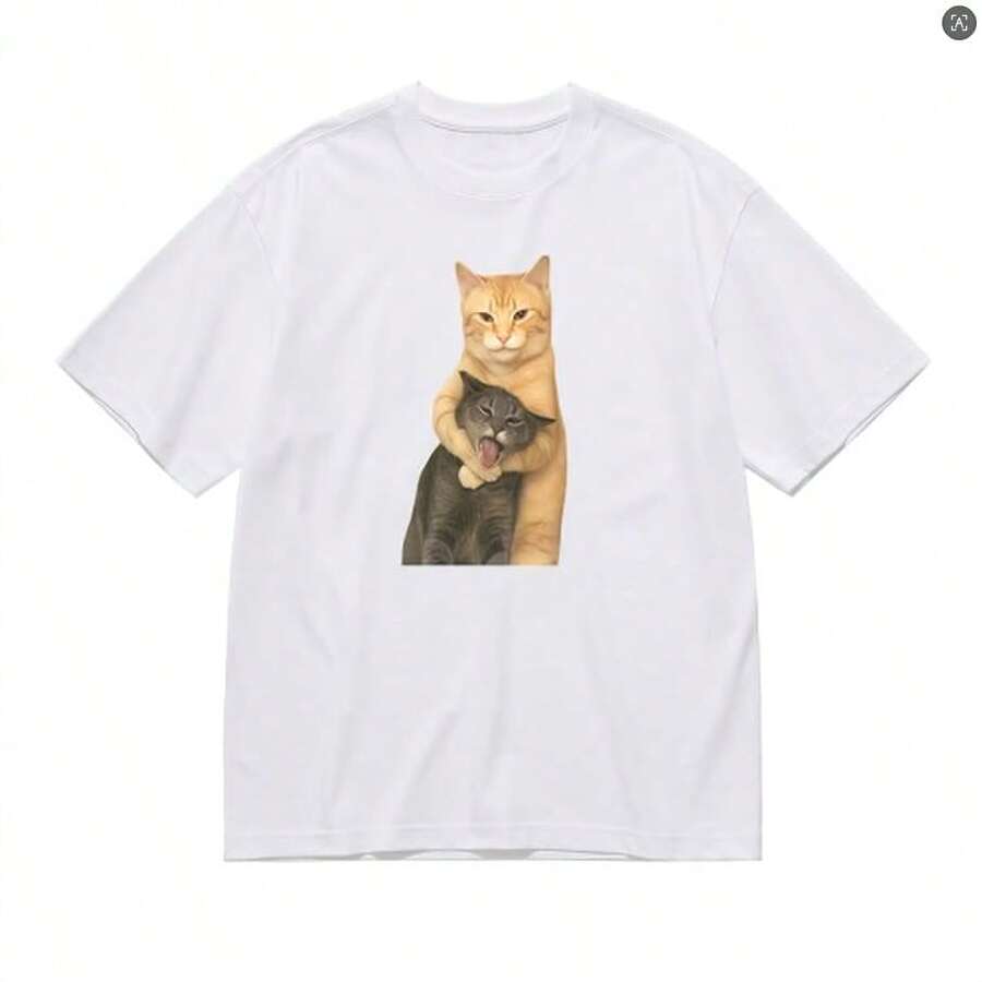 Women's Oversized Cotton T-Shirt | Washable T-Shirt With Arguing Cat Print | High-Quality Retro Batik Fashion Brand, Women's Summer Clothing, Holiday Gift - 白色的 - 查看 1