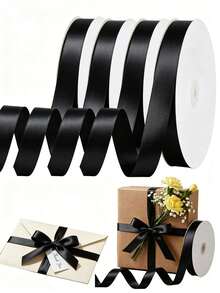Black Satin Ribbon, Rolled Black Ribbon, Suitable For Holiday Parties, Birthday Parties, Gift Wrapping, Bouquets, Crafts, Wedding Decor, Christmas And Sewing Projects - Black - View 2