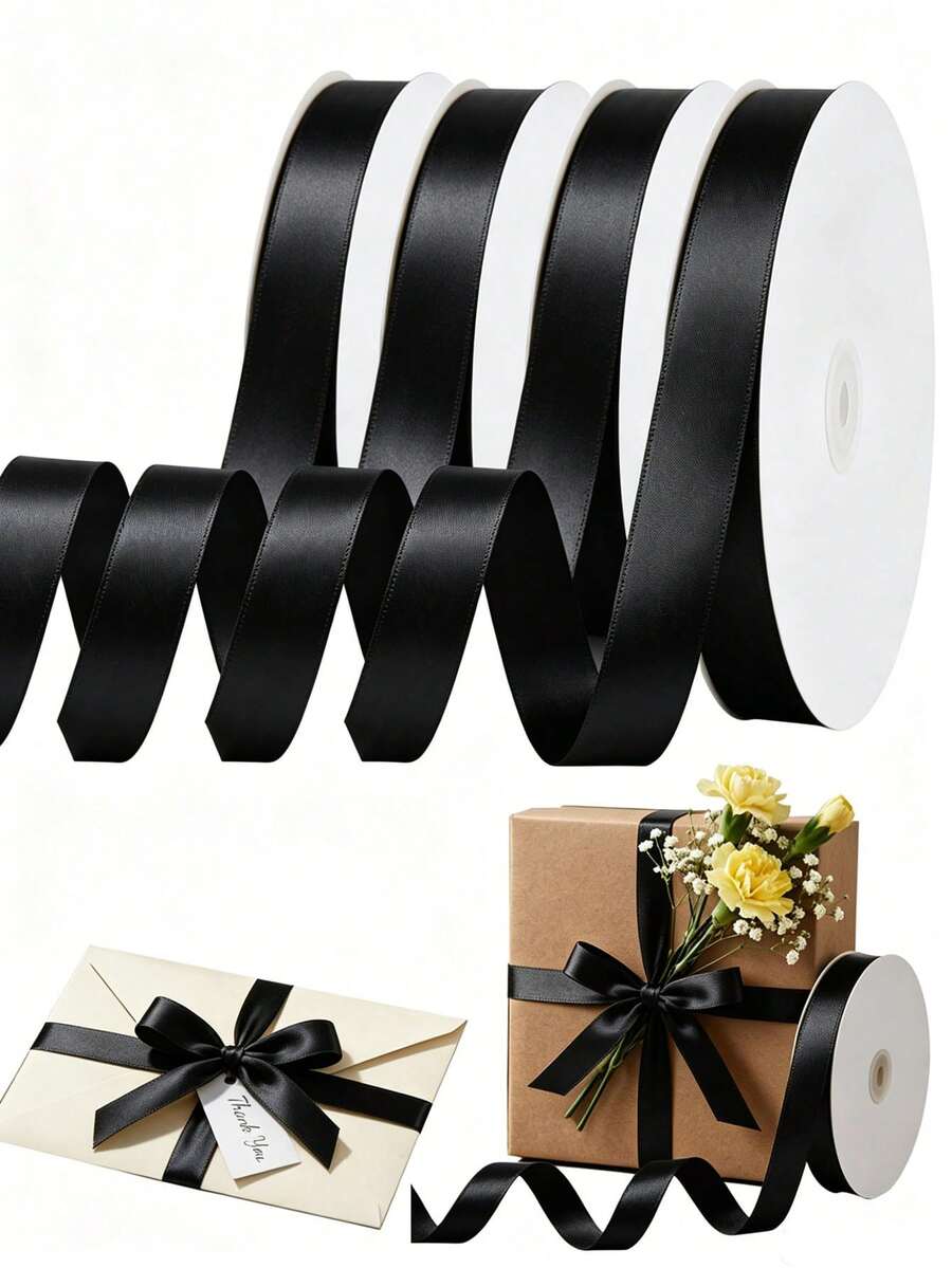 Black Satin Ribbon, Rolled Black Ribbon, Suitable For Holiday Parties, Birthday Parties, Gift Wrapping, Bouquets, Crafts, Wedding Decor, Christmas And Sewing Projects