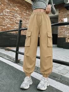 1pc Tween Girls Outdoor Street Casual Solid Color Cargo Pants - Khaki - View 9