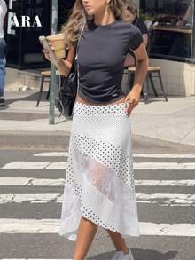 ARA CHIC Women's White Polka Dot Lace Trim Asymmetric Skirt, Breathable Flowy Skirt, Beach Vacation Outfit - Black and White - View 5