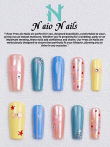 NAIO 10入手工壓接式假指甲，3種尺寸（棺材形/杏仁形/短方型），Y2K可愛風，粉藍黃閃亮星星、條紋、亮片圓點水鑽粉色蝴蝶結裝飾，附工具組，適合女性女孩日常派對穿搭，禮品美甲用品 - 彩色 - 查看 4