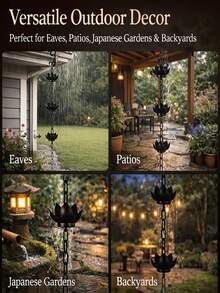 1pc Black Lotus Metal Rain Chain, Wind Chime Iron Art Decoration, For Rainwater Collection, Functional Decorative Hanging Chain, Iron Craft Decorative Ornament, Suitable For Outdoor Garden Yard Patio Decoration - Lotus - View 8
