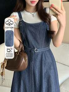 Vestido de peto de mezclilla casual con tirantes ajustables para mujer, de verano - Azul - Ver 1