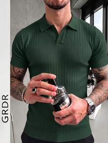GRDR Men's Summer Airplane Collar Ribbed Solid Color Short Sleeve Knit Sweater, Suitable For Summer Outings, Essential For Fashionable Styling - Green - View 4