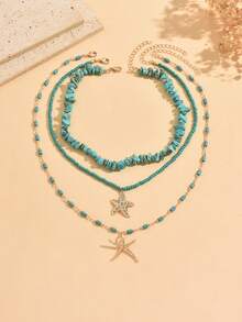 3pcs/Set Bohemian Style Handmade Beaded Necklace Set With Rhinestone Starfish Pendant, Niche Design, Fashionable Versatile Women's Neck Jewelry For Daily Wear, Vacation, Party And Date, Random Size, Shape And Quantity Of Beaded Stones - Multicolor - View 2