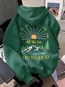 1pc Girls Sun & Mountain Print Casual Pullover Sweatshirt, Long Sleeve Design, Suitable For Autumn/Winter Wear - Dark Green - View 3