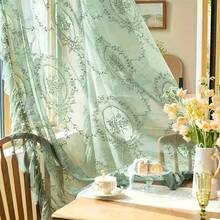 1pc French Luxury Vintage Princess Style Green Jacquard Lace Semi-Sheer Curtain, Rod Pocket Top, Living Room Bedroom Balcony Bay Window Apartment Home Decor Sheer Curtain - Green - View 8