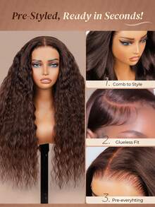 ARABELLA Dark Brown Glueless 13x6 Lace Bohemian Curly Drawstring Wig 100% Human Hair 6x5 Transparent Lace Wig 18-30 Inch 180% Density Pre-Cut Transparent Lace Pre-Plucked Hairline & Pre-Bleached Knots Women - S4 - View 7