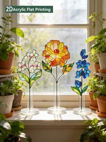 1pc Stained Floral Desktop Ornament Vertical Plant Display Stand With Clear Base Bohemian Windowsill Light Refraction Decor Home Decor Room Decor Ambient Craft For Bedroom Windowsill Living Room & Desk Multi-Pattern Flower Art Ornament - Multicolor - View 8