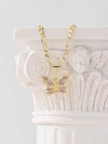 1 Peça Pingente de Borboleta Rosa com Zircônia, Pingente de Borboleta da Virgem Maria, Pingente Religioso, Pingente de Oração, Combinado com Colar de Clipe Duplo, Pingente de Pedra Preciosa Cintilante, Adequado para Mulheres e Meninas Usarem em Ocasiões Diárias ou Festivas, Decoração - Ouro amarelo - Visão 4