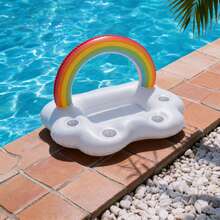 1 pieza Colchoneta flotante inflable con forma de arcoíris con portavasos y compartimento para hielo, accesorio flotante para agua para playa y fiesta en la piscina, material PVC duradero, regalo ideal para vacaciones o cumpleaños, esencial de playa, accesorio de piscina - Barra de hielo arcoíris - Ver 4