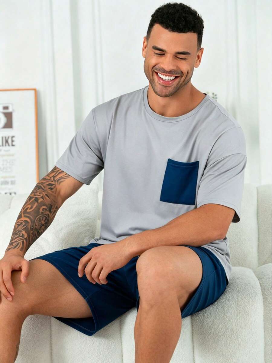 Men's Plus Size Casual Loose Minimalist Sporty Wearable Spring Summer Pocket Crew Neck Short Sleeve T-Shirt And Shorts Pajama Set 2-Piece - Blue and White - View 1
