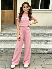 Girls' English Letter Print Short Sleeve T-Shirt And Pants Casual Set, Suitable For Summer Wear, Back To School Season Outfit - Baby Pink - View 3
