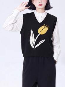 Alicedudu Women's Autumn Artistic Floral Pattern V-Neck Pullover Sweater Vest Black Fall - Black - View 5
