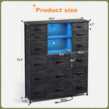 EnHomee 51"H Tall Dresser With Fabric Drawers, Dresser For Bedroom With LED Lights & Hutch Sturdy Fabric Bedroom Dresser, Steel Frame, Wood Top, 51.2"H X 39.3"W X 11.8"D, Mother's Day Decor, Room Decor, Home Decor, Black Wood Grain - 黑色 - 查看 5